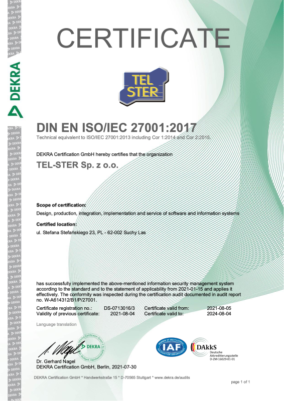ISO 27001 | TEL-STER Sp. z o.o. Poland