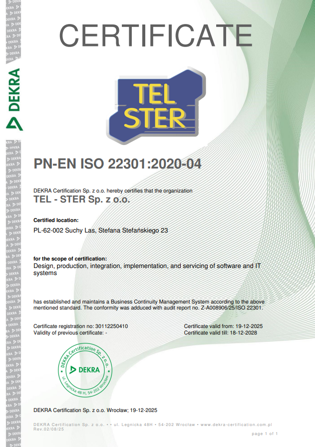 ISO 22301 | TEL-STER Sp. z o.o.