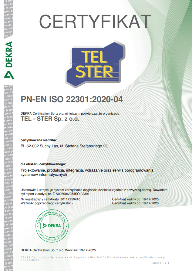 ISO 22301 | TEL-STER Sp. z o.o.