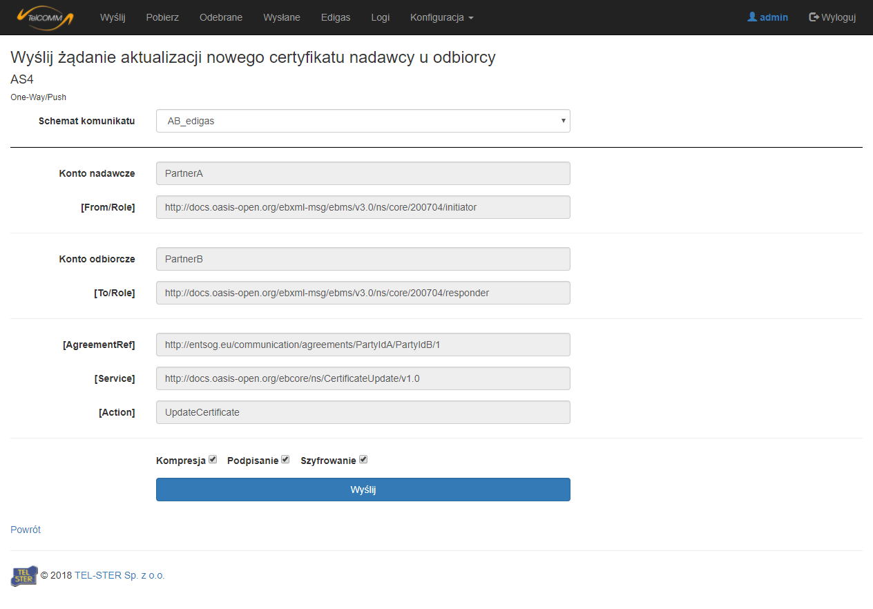 Ekran wysyłania żądania aktualizacji certyfikatu| TelCOMM |protokół AS4 | AS4 | B2B| Edigas | EDIG@S