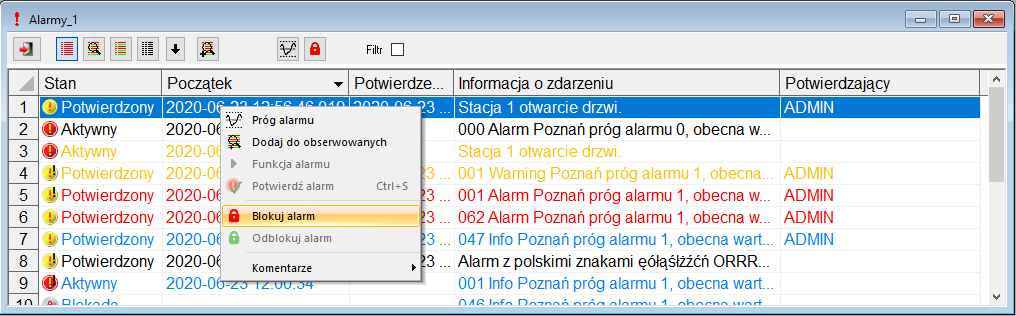 Rys. 5. Blokowanie alarmu | TelWin SCADA 7.03