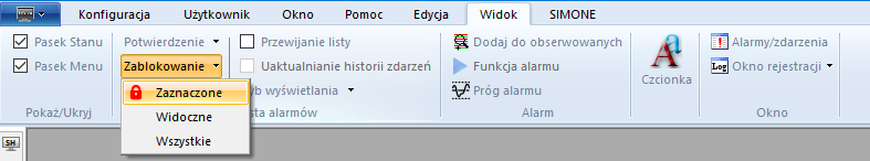 Rys. 7. Widok zablokowanych alarmów | TelWin SCADA 7.03